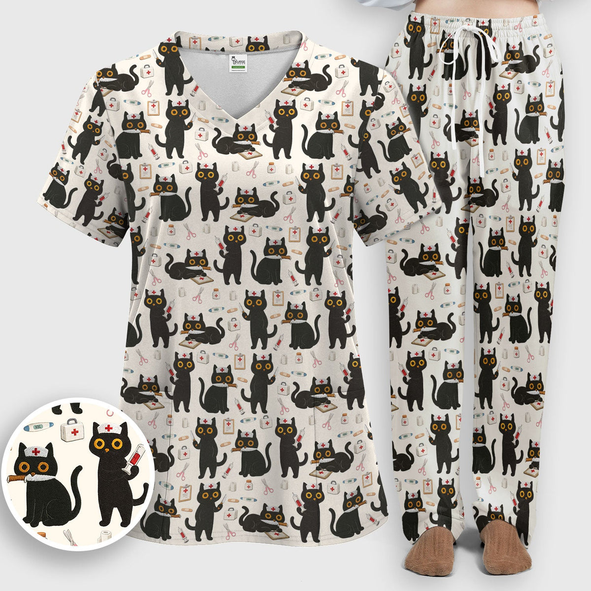 Cute Teal Black Cat Nurse Scrub Set