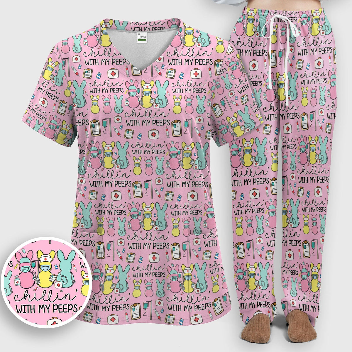 Bunny Nurse Chillin With My Peeps Scrub Set - Easter Gift
