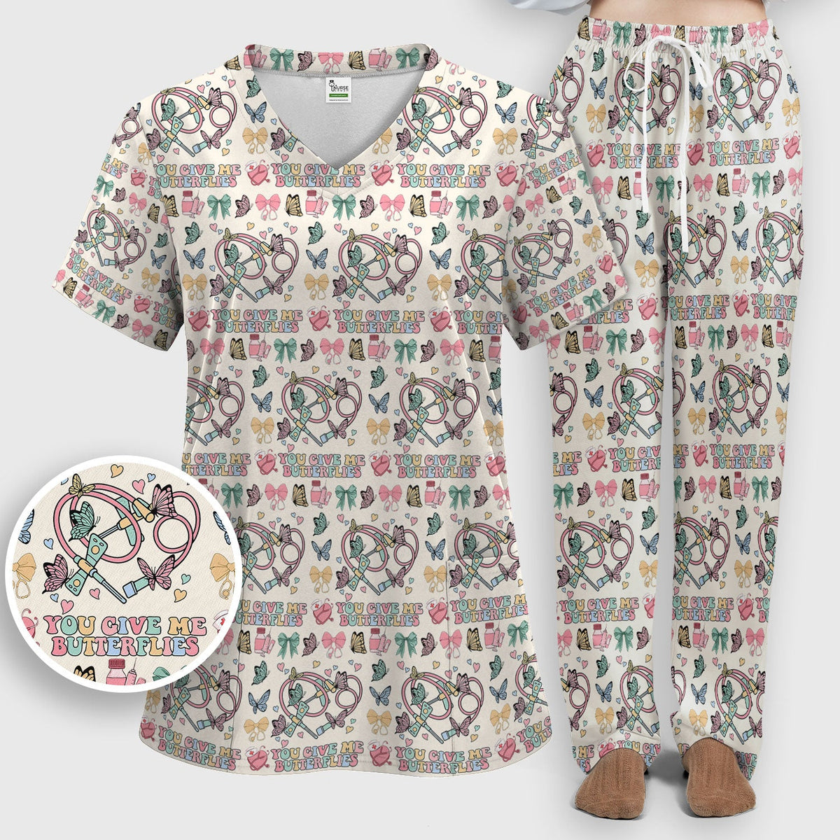 Butterfly Heart Nurse Scrub Set - Valentines Day Gift