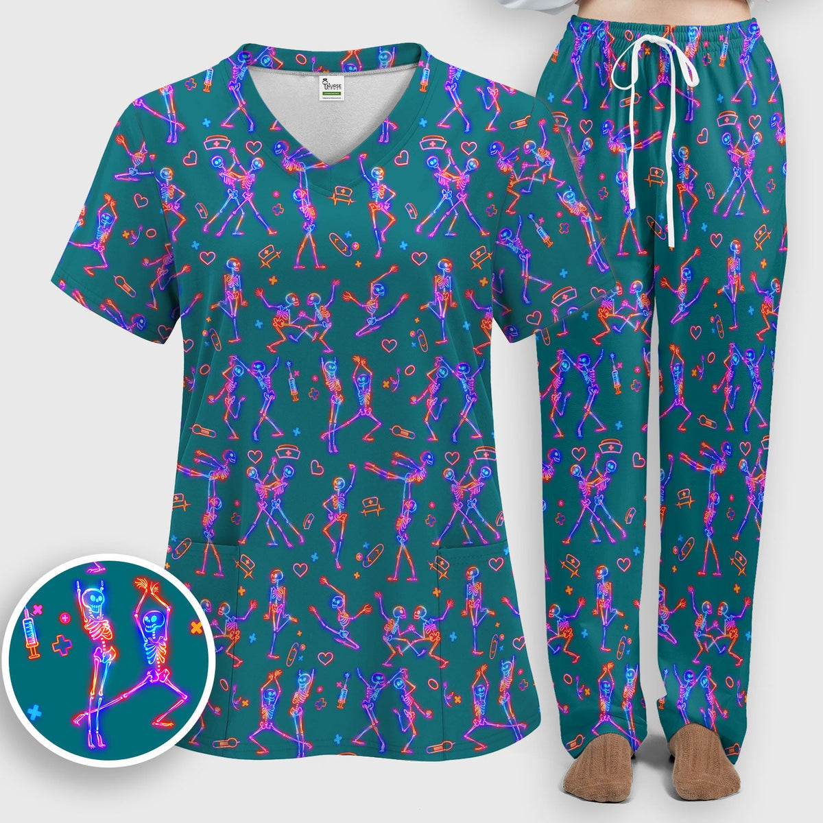 Neon Dancing Skeleton Nurse Scrub Set