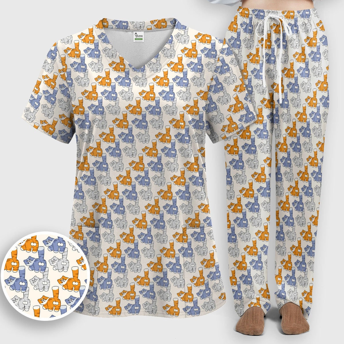 Cartoon Cat Nurse Scrub Set