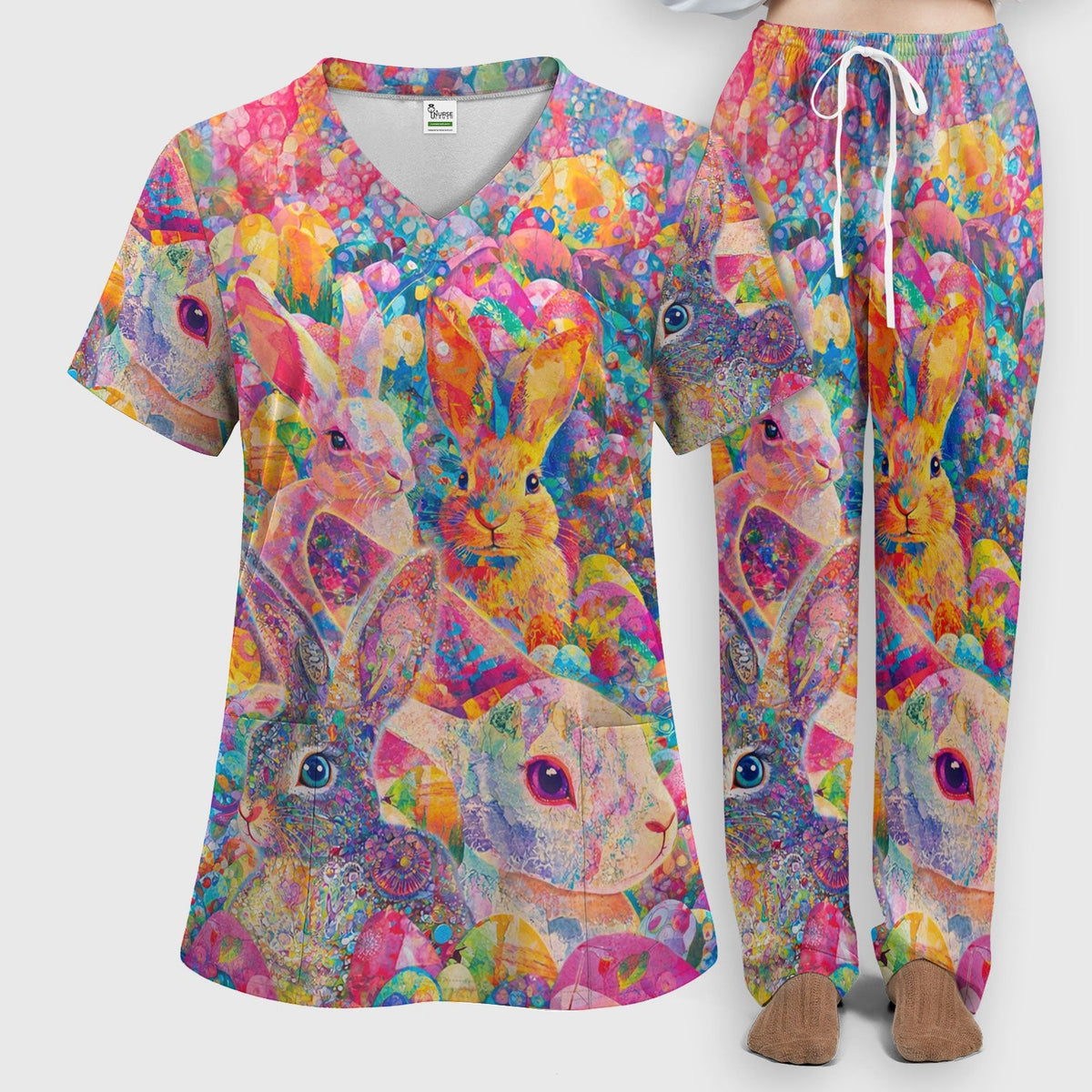 Colorful Artistic Bunny Nurse Scrub Set