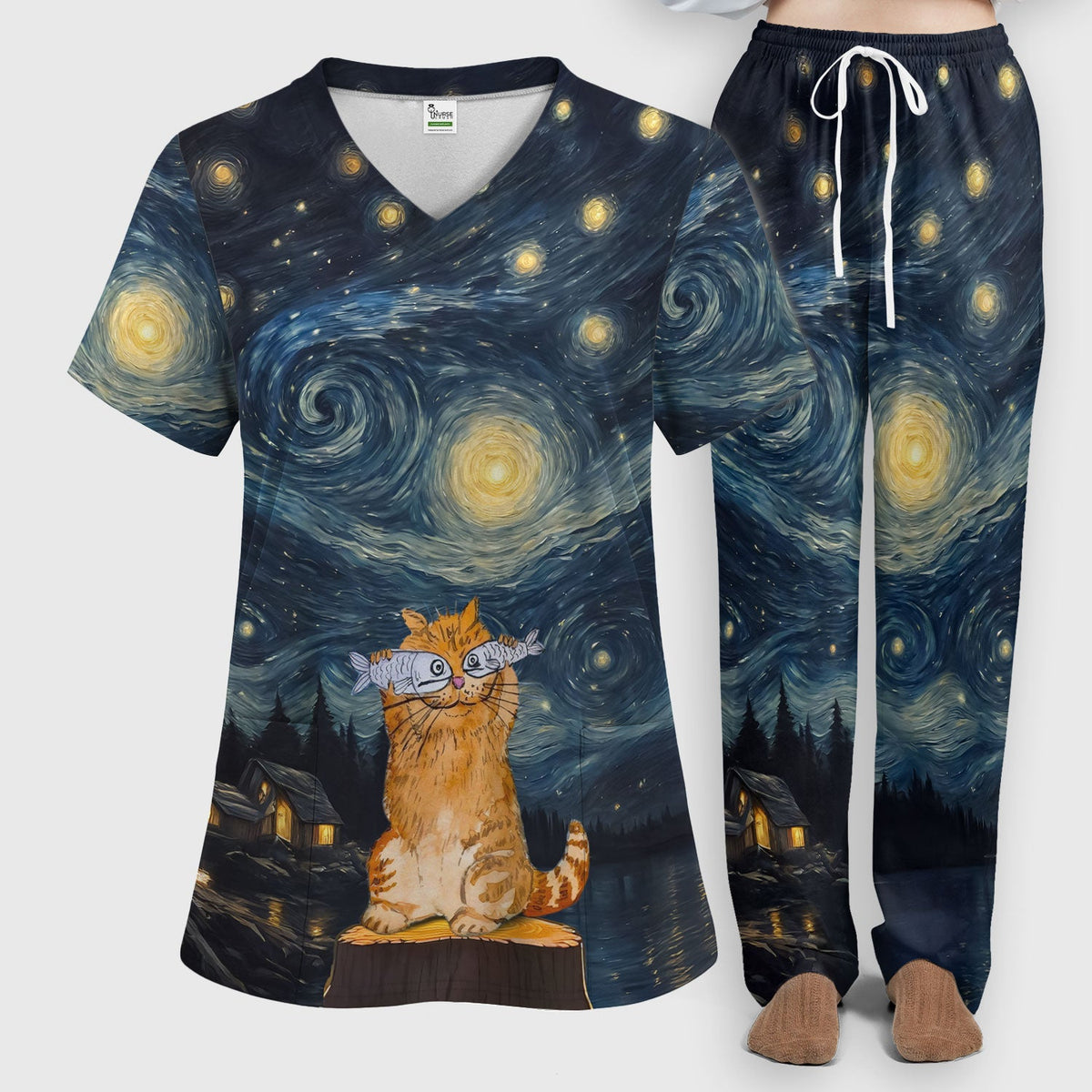 Cat Starry Night Sky Nurse Scrub Set