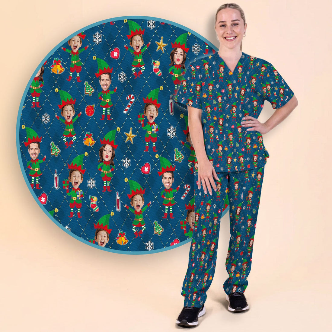 Personalized Holiday Photo Face Nurse Scrub Set