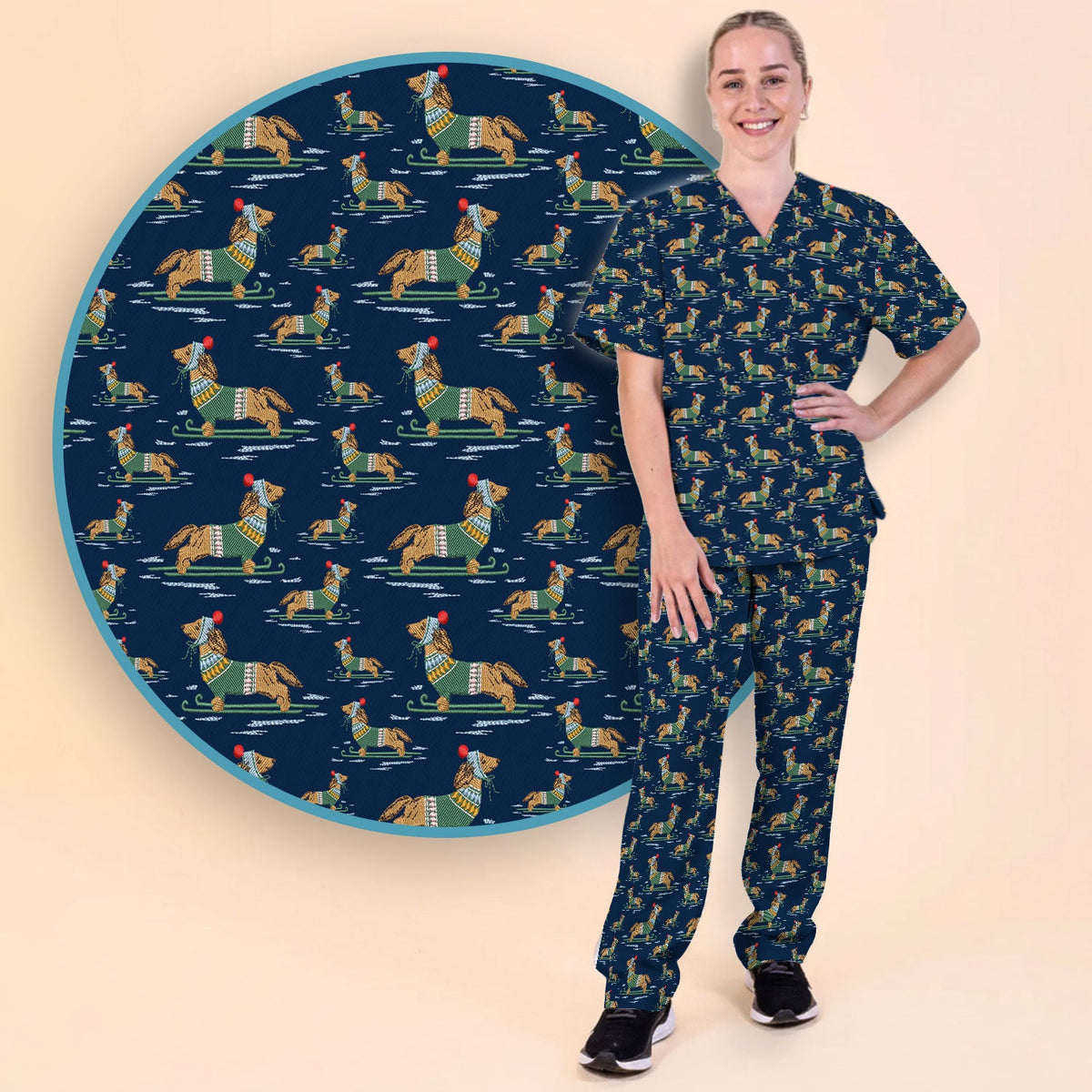 Dachshund Nurse Scrub Set, Wiener Dog Winter Pattern Shirt, Breathable Fabrics Nursing Uniform
