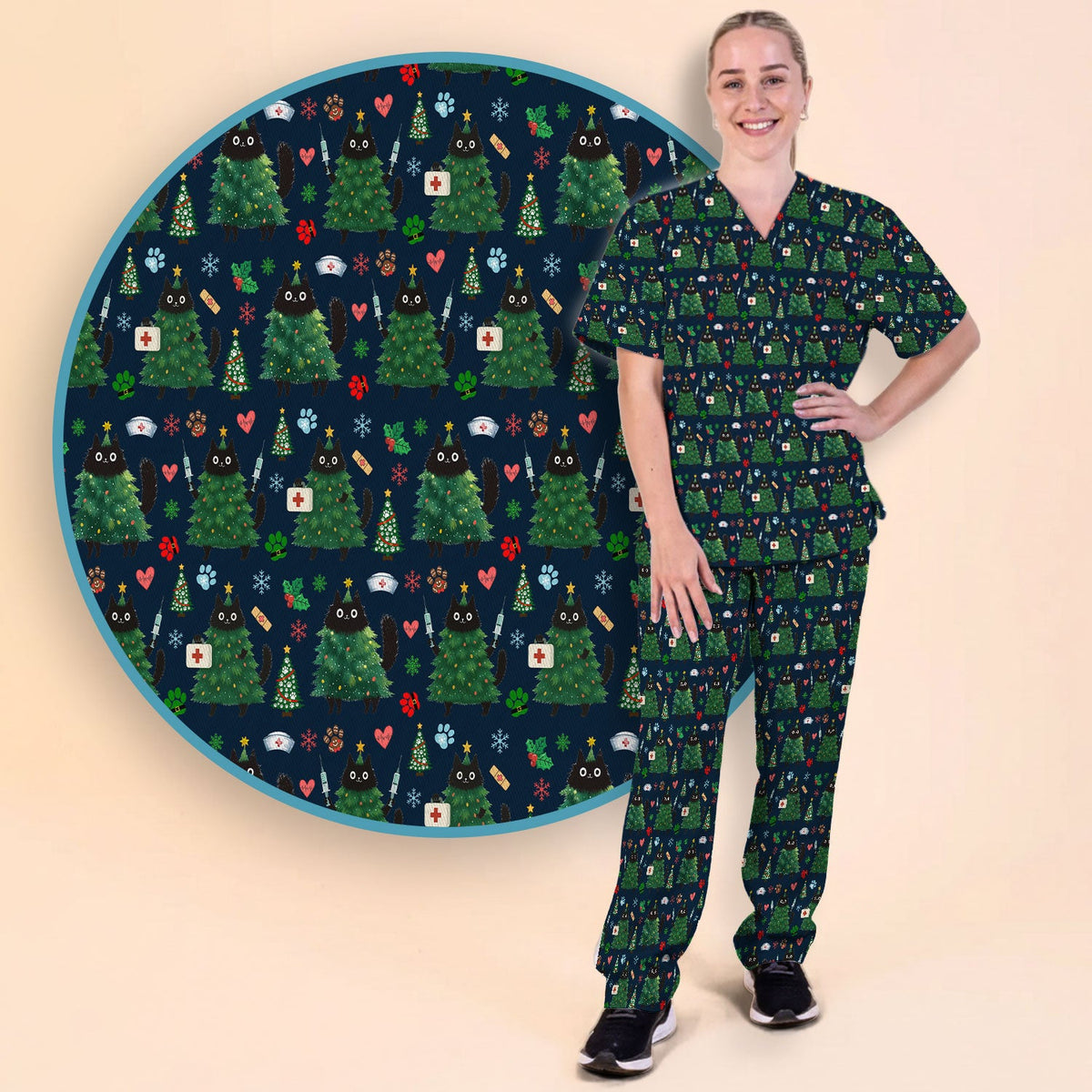 Christmas Black Cat Nurse Scrub Set