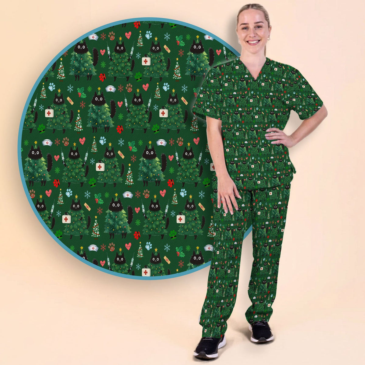 Christmas Black Cat Nurse Scrub Set