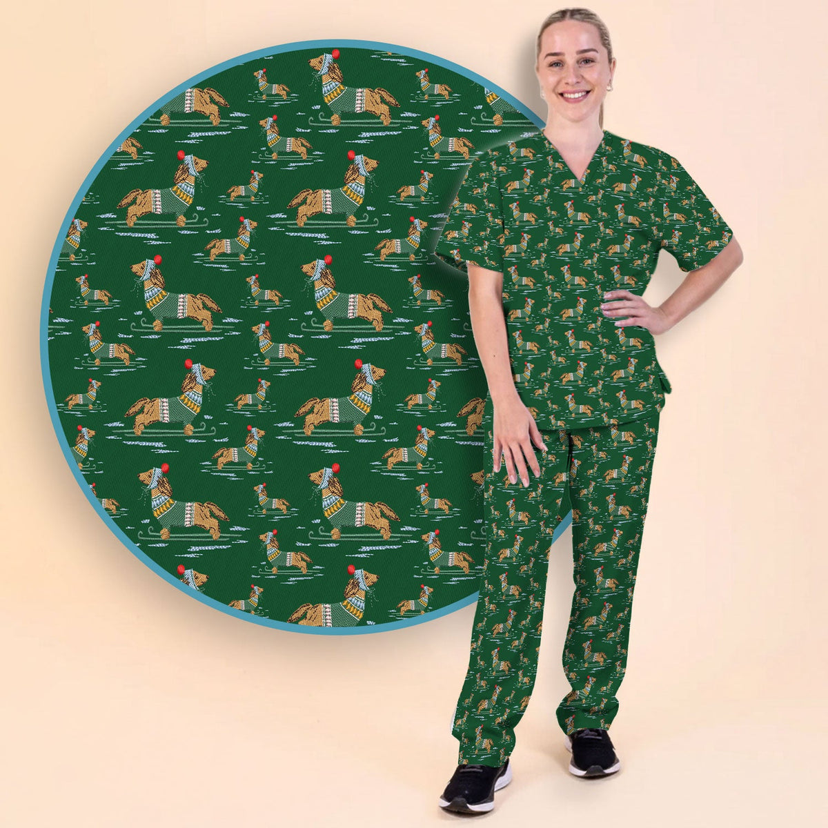 Dachshund Nurse Scrub Set, Wiener Dog Winter Pattern Shirt, Breathable Fabrics Nursing Uniform