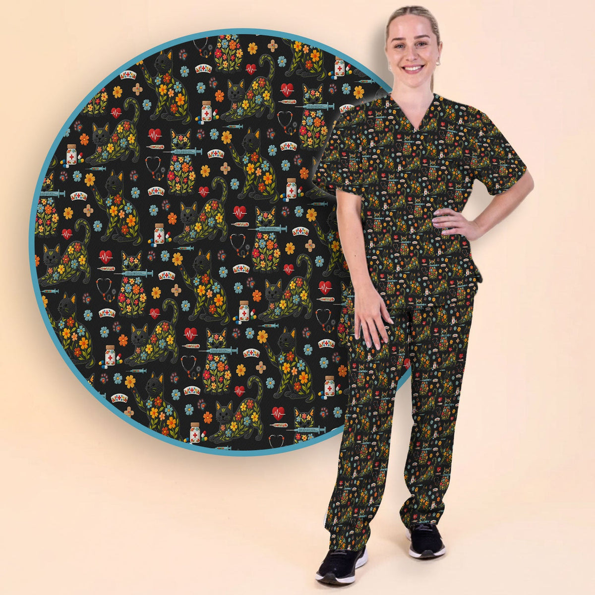 Floral Black Cat Nurse Scrub Set