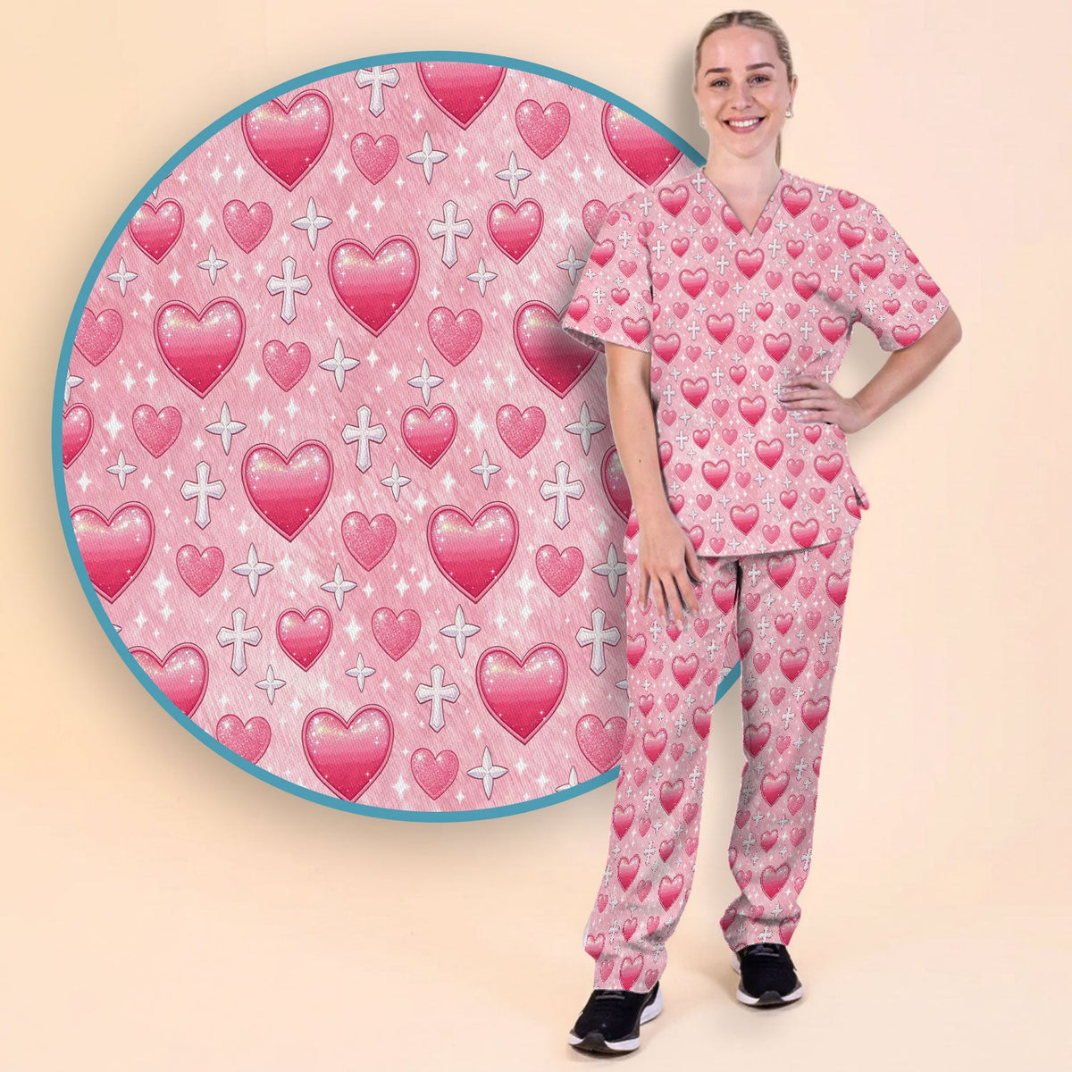 Pink Heart & Cross Pattern Scrub Set, Scrub Pants and V Neck Top