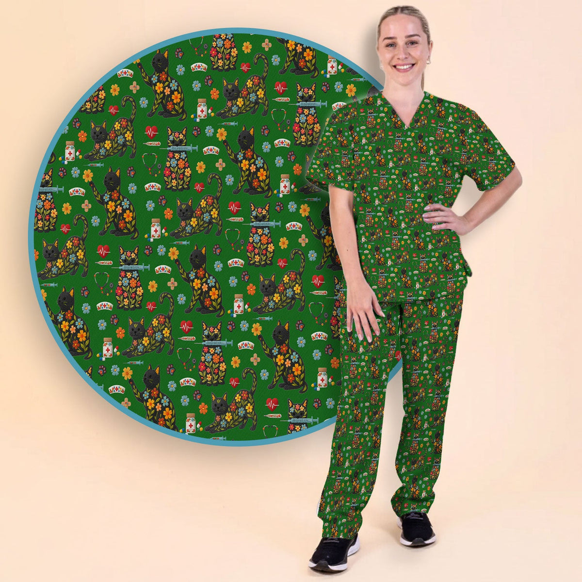 Floral Black Cat Nurse Scrub Set