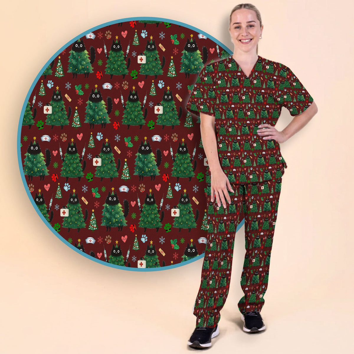 Christmas Black Cat Nurse Scrub Set