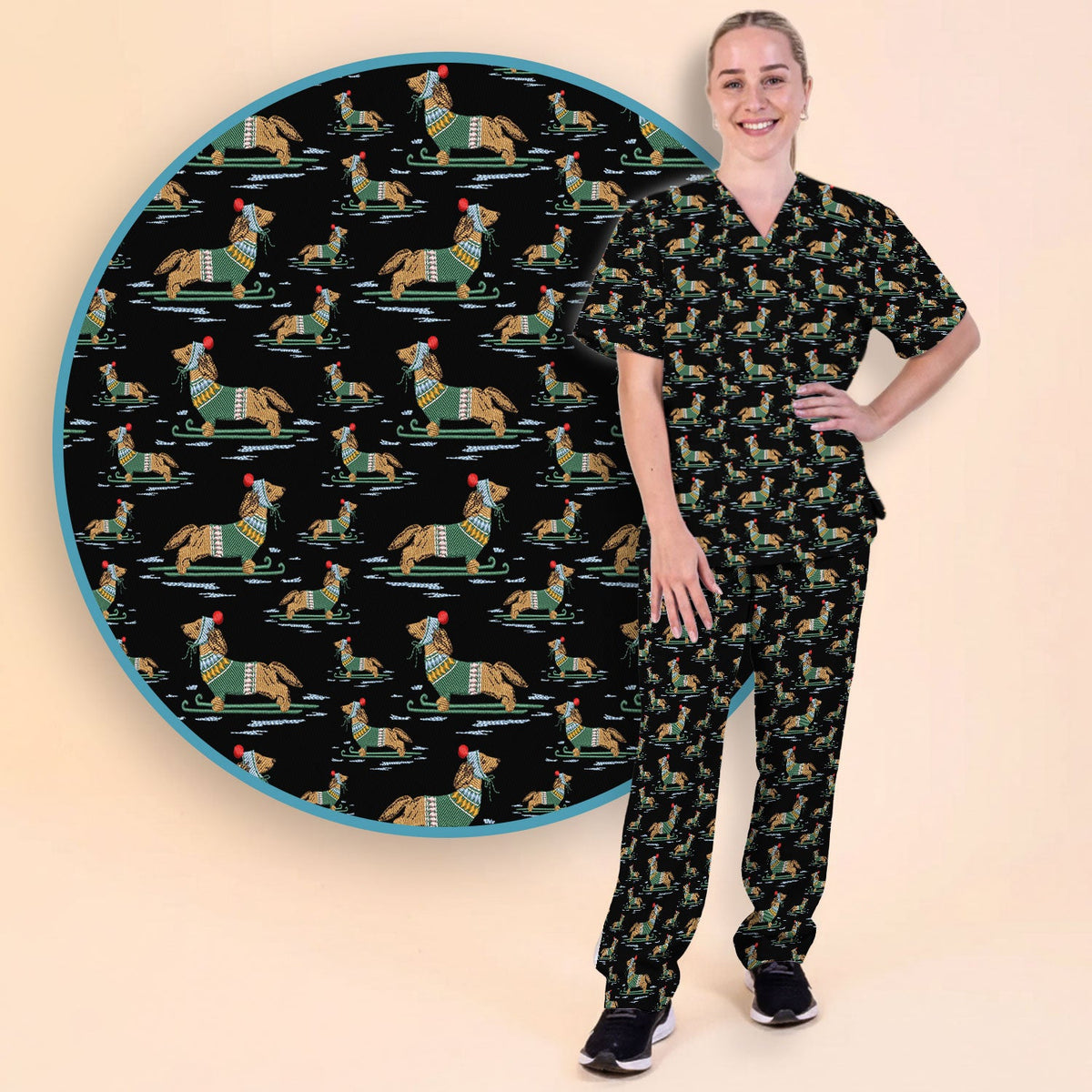 Dachshund Nurse Scrub Set, Wiener Dog Winter Pattern Shirt, Breathable Fabrics Nursing Uniform