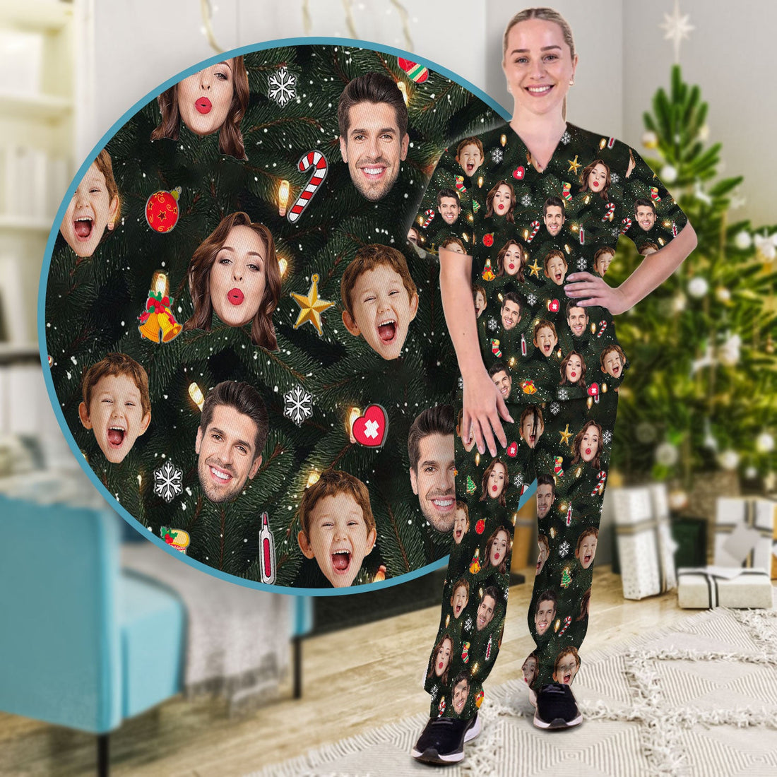 Personalized Christmas Photo Face Nurse Scrub Set