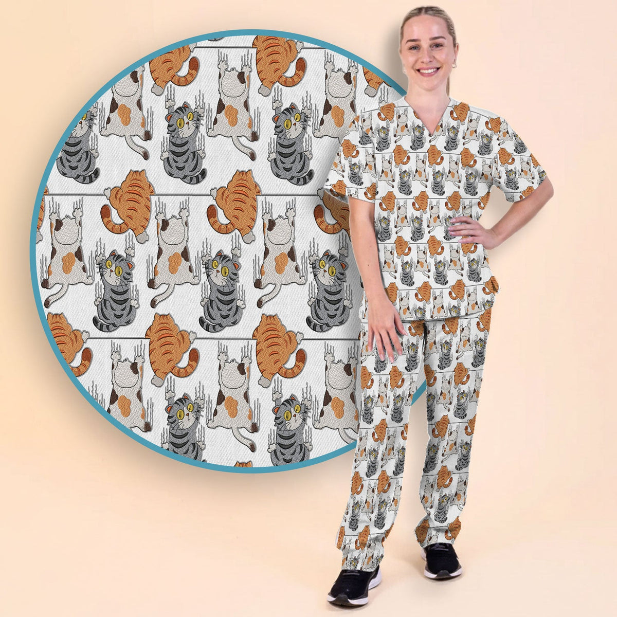 Cute Cat Pattern Nurse Scrub Set, Cats Medical Pattern Shirt, Breathable Fabrics Nursing Uniform
