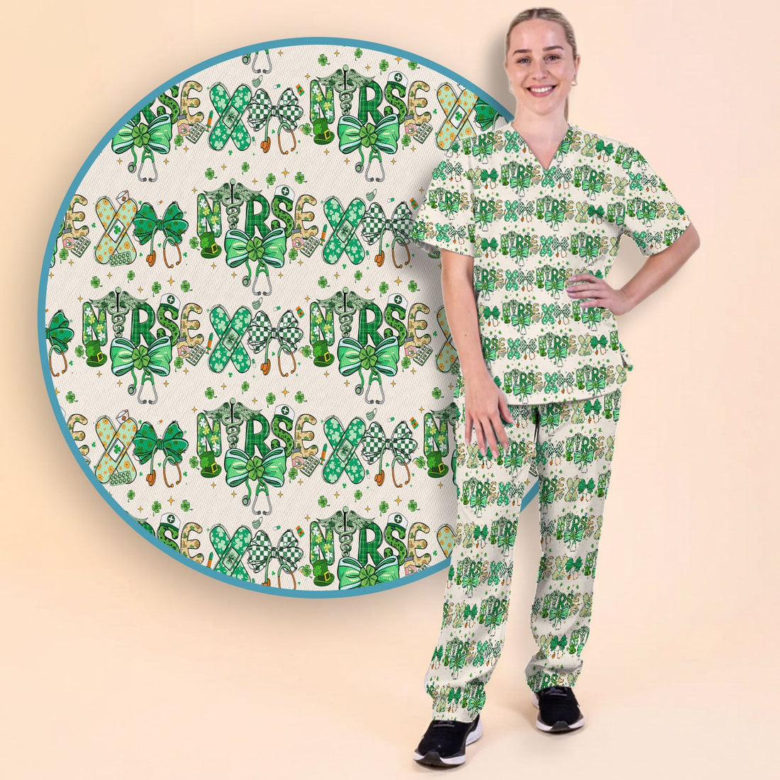 St Patrick Clover Green Bow Nurse Scrub Set