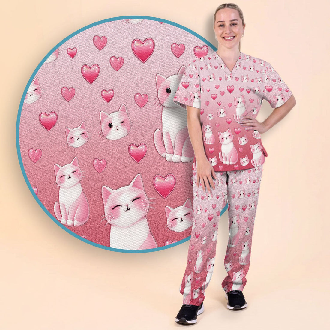 Valentine Cat Heart Nurse Scrub Set