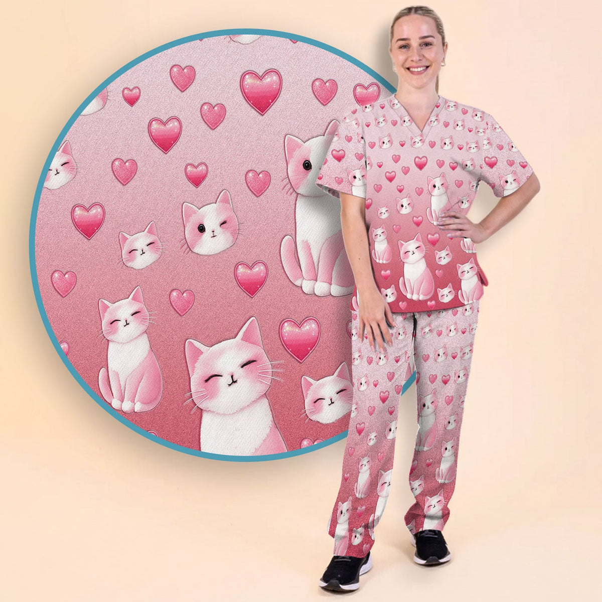 Valentine Cat Heart Nurse Scrub Set