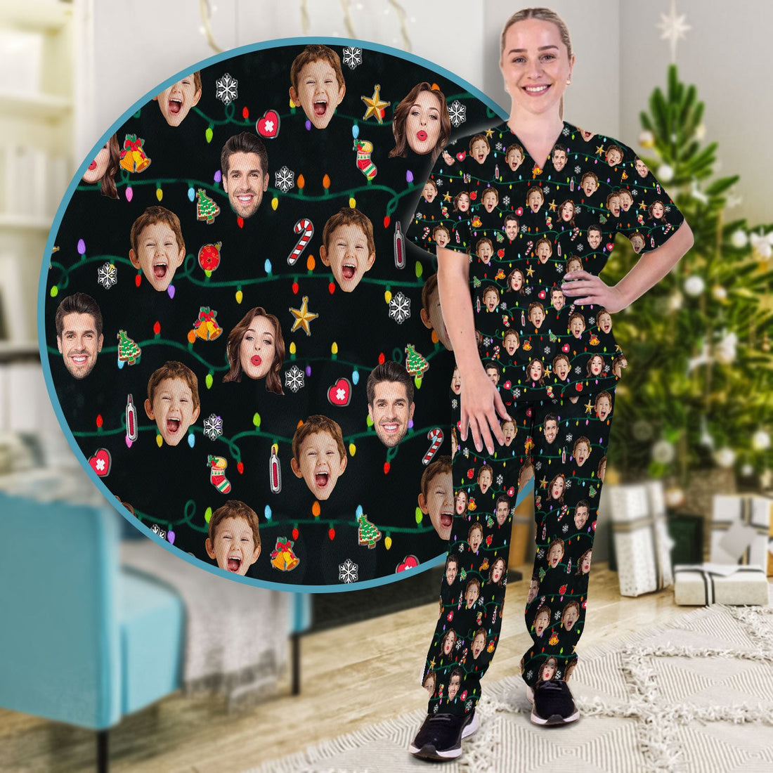 Personalized Xmas Photo Face Nurse Scrub Set