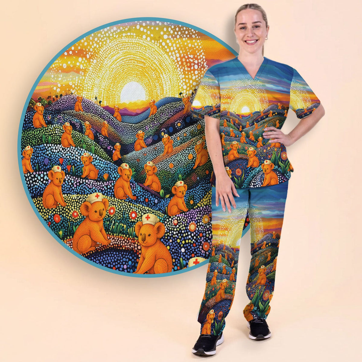 Australian Koala Dot Art Nurse Scrub Set