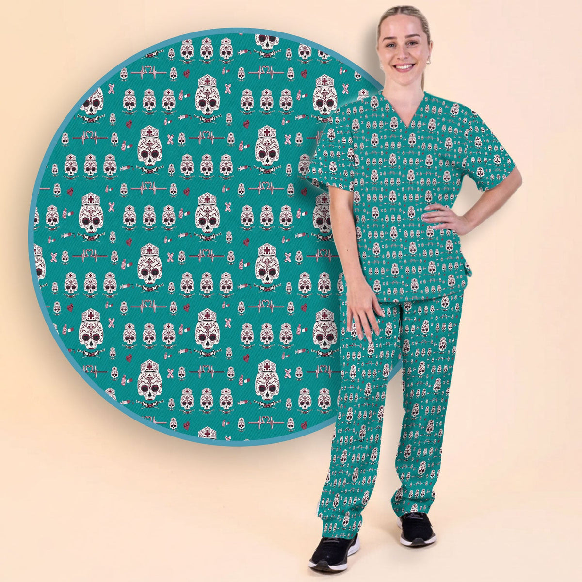 Sugar Skull Scrub Set, Skull Pattern Scrub Shirt, Breathable Fabrics Nursing Uniform