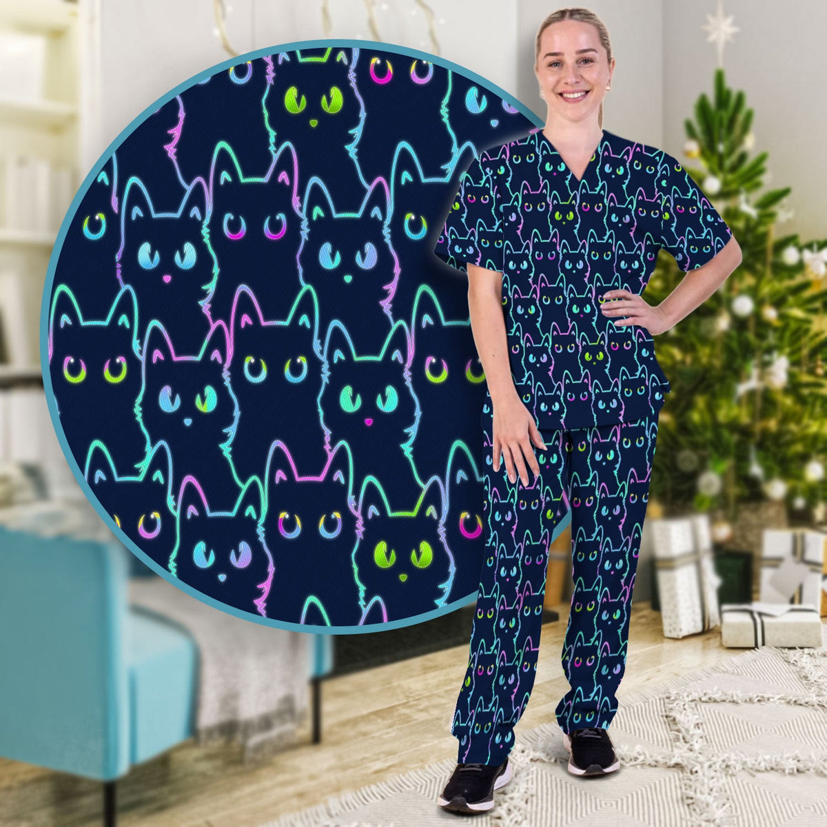 Neon Cat Pattern Scrub Set, Black Cat Scrub Shirt, Breathable Fabrics Nursing Uniform