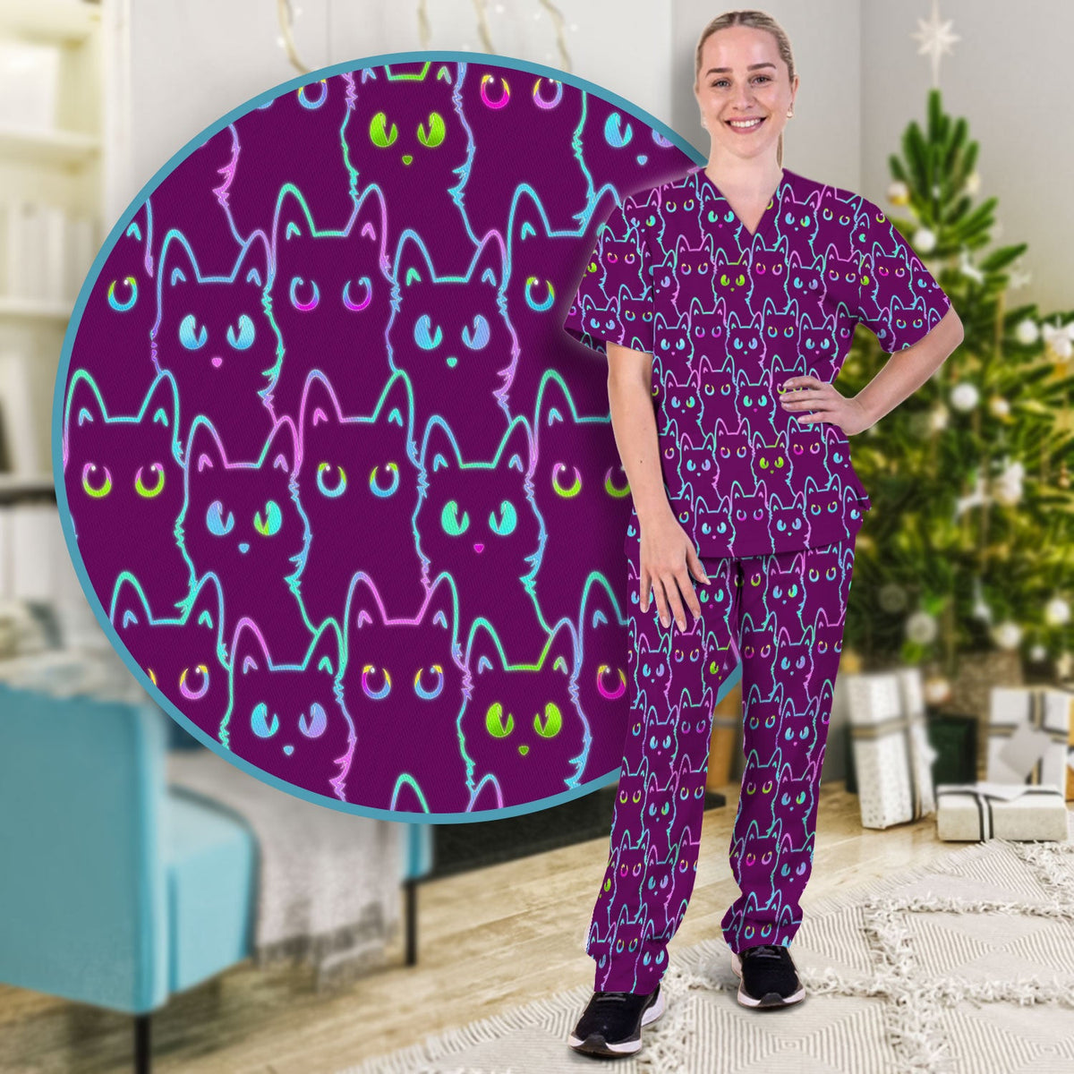 Neon Cat Pattern Scrub Set, Black Cat Scrub Shirt, Breathable Fabrics Nursing Uniform