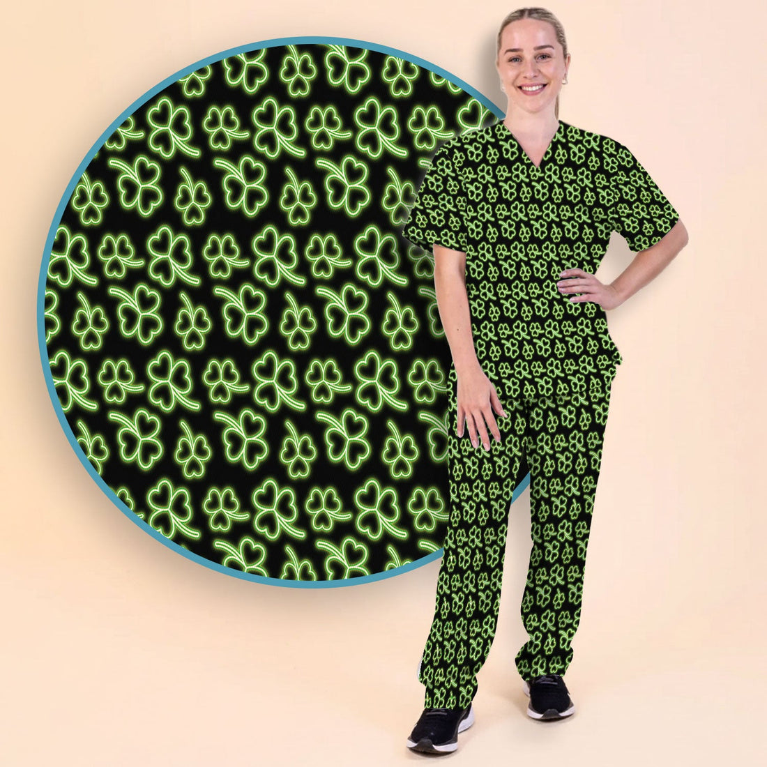 Neon Shamrock Glow Green Nurse Scrub Set - St Patricks Day Gift