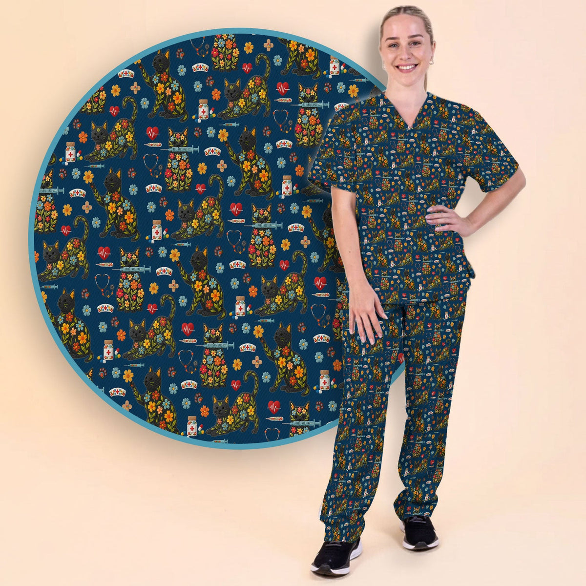 Floral Black Cat Nurse Scrub Set