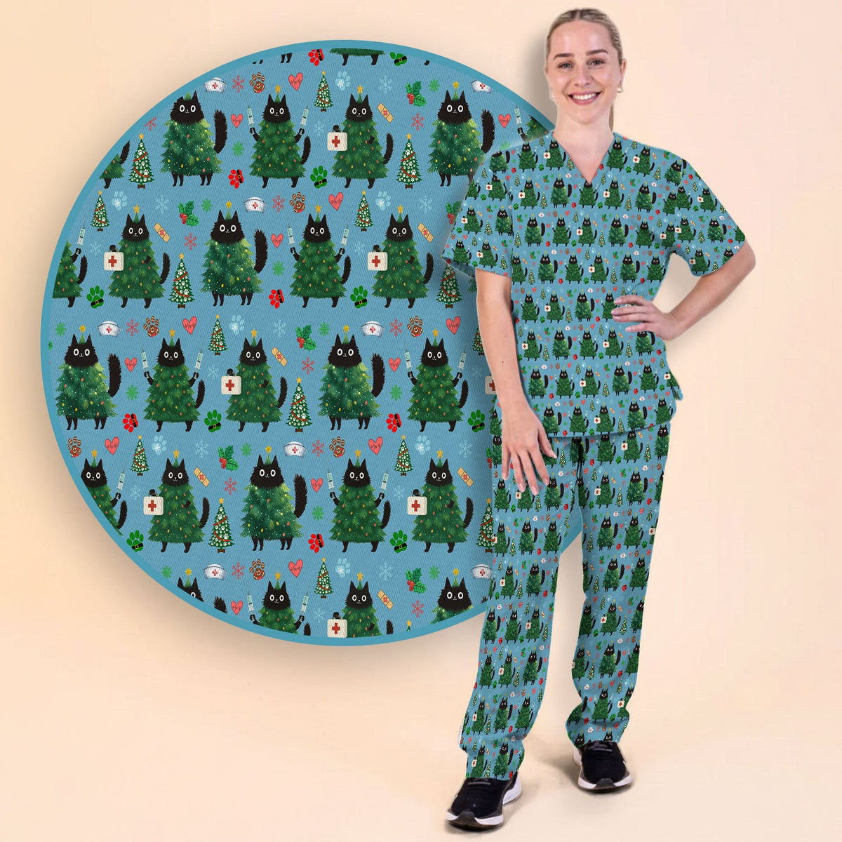Christmas Black Cat Nurse Scrub Set