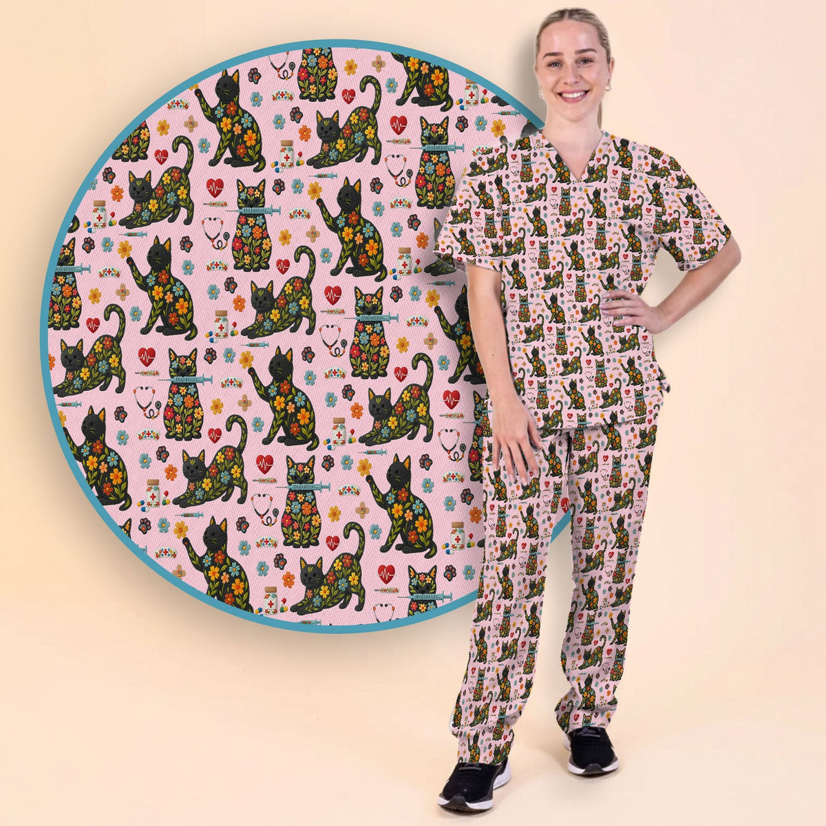 Floral Black Cat Nurse Scrub Set