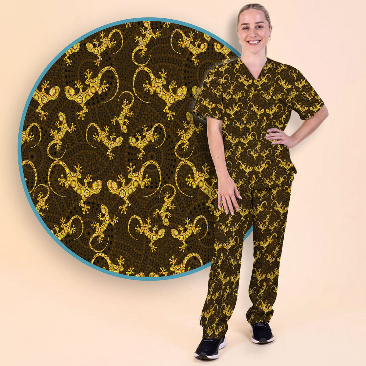 Australian Gecko Dot Art Inspired Nursing Scrub Set - Women Uniform