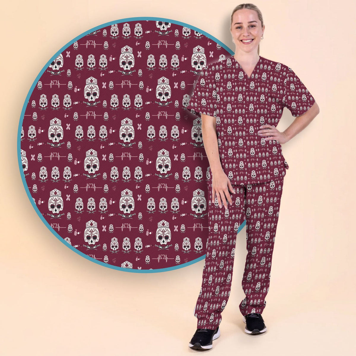 Sugar Skull Scrub Set, Skull Pattern Scrub Shirt, Breathable Fabrics Nursing Uniform