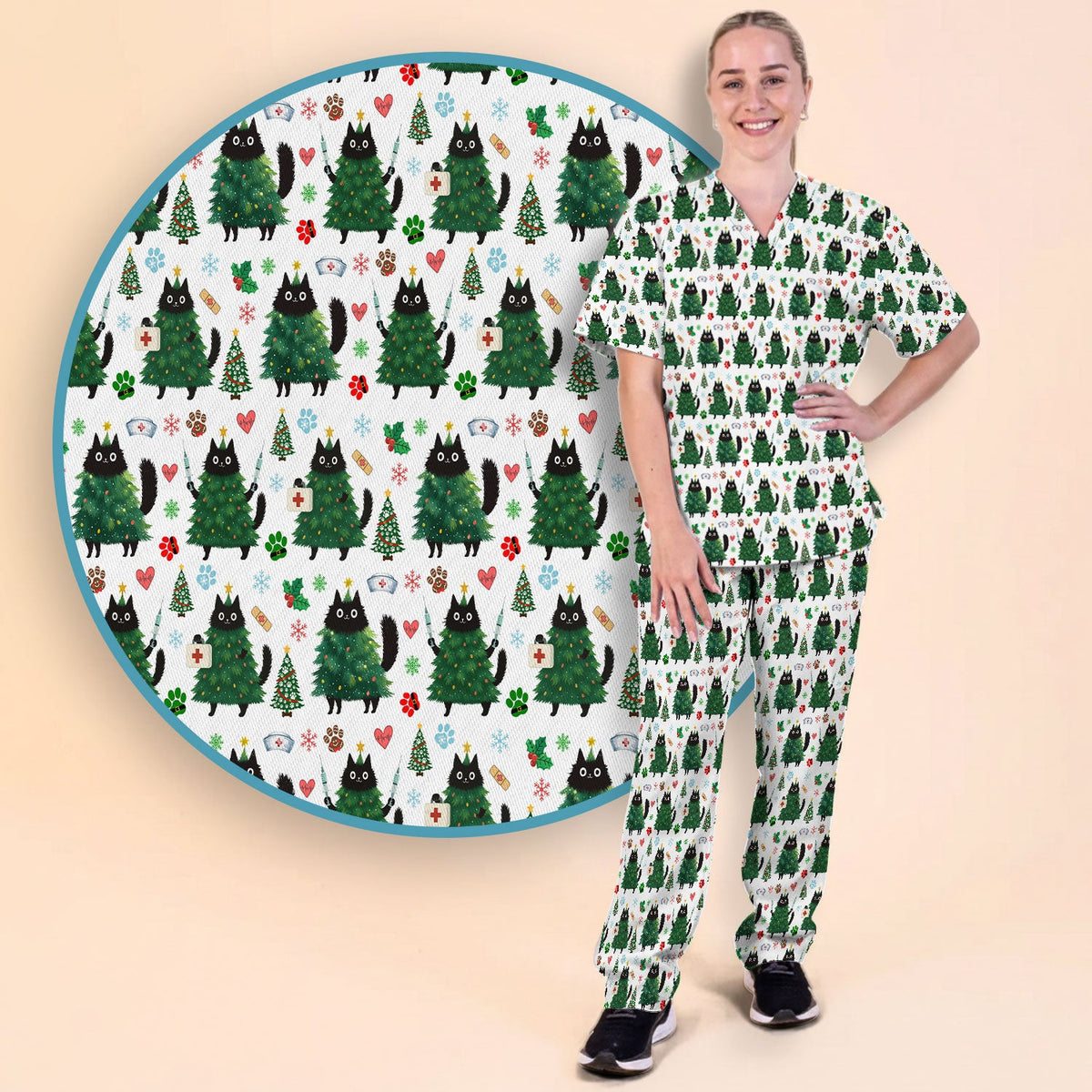 Christmas Black Cat Nurse Scrub Set