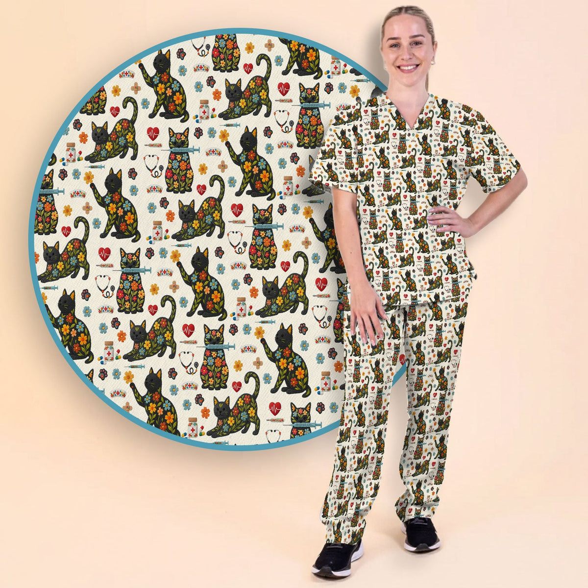 Floral Black Cat Nurse Scrub Set