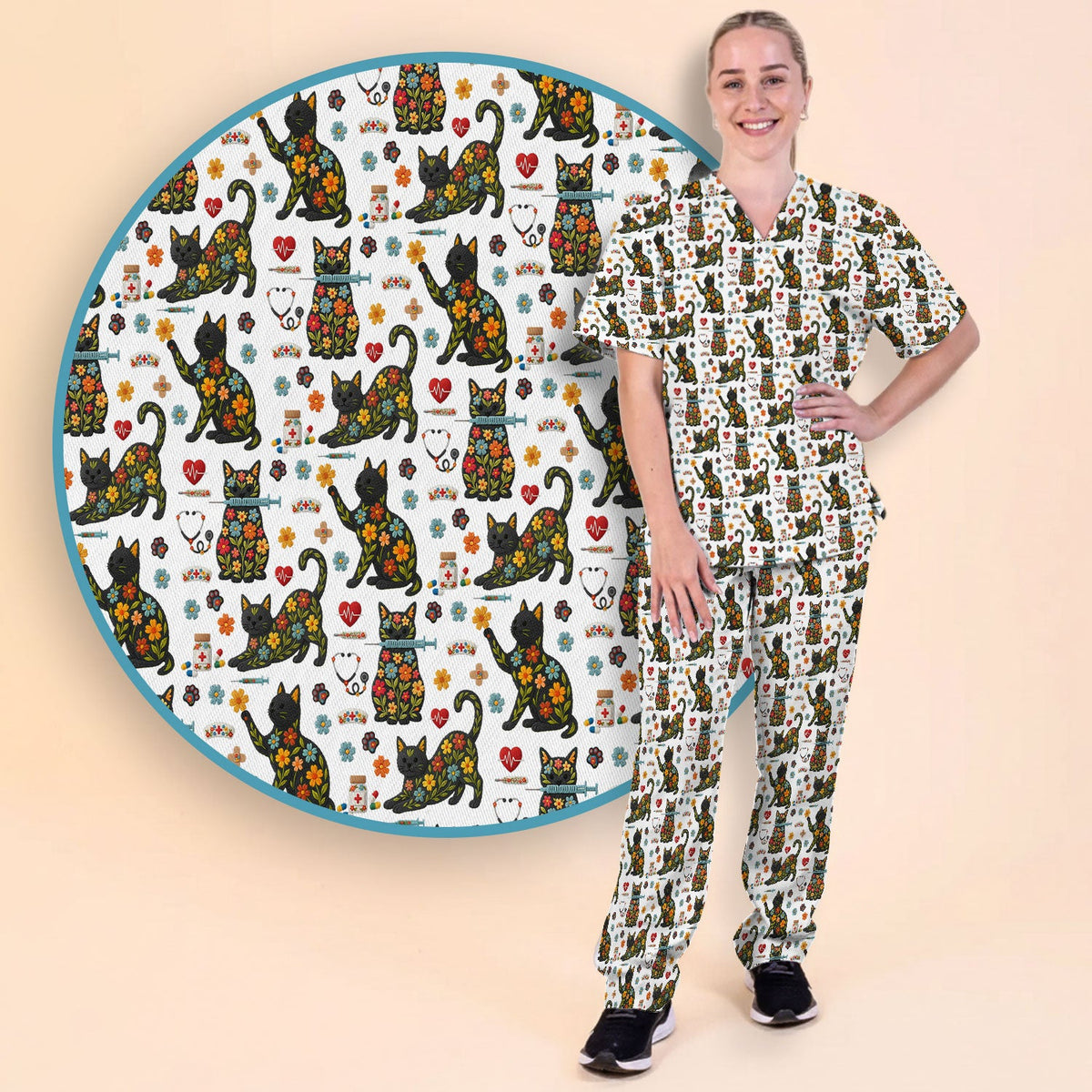 Floral Black Cat Nurse Scrub Set
