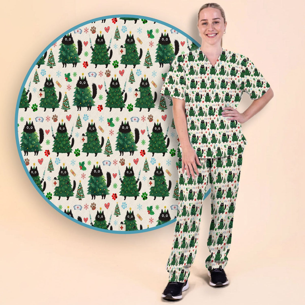Christmas Black Cat Nurse Scrub Set