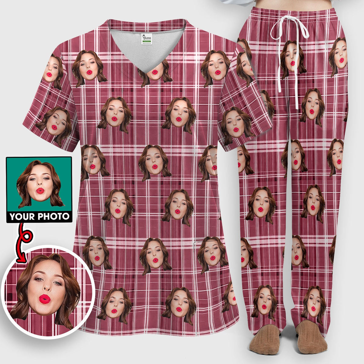 Personalized Photo Plaid Nurse Scrub Set
