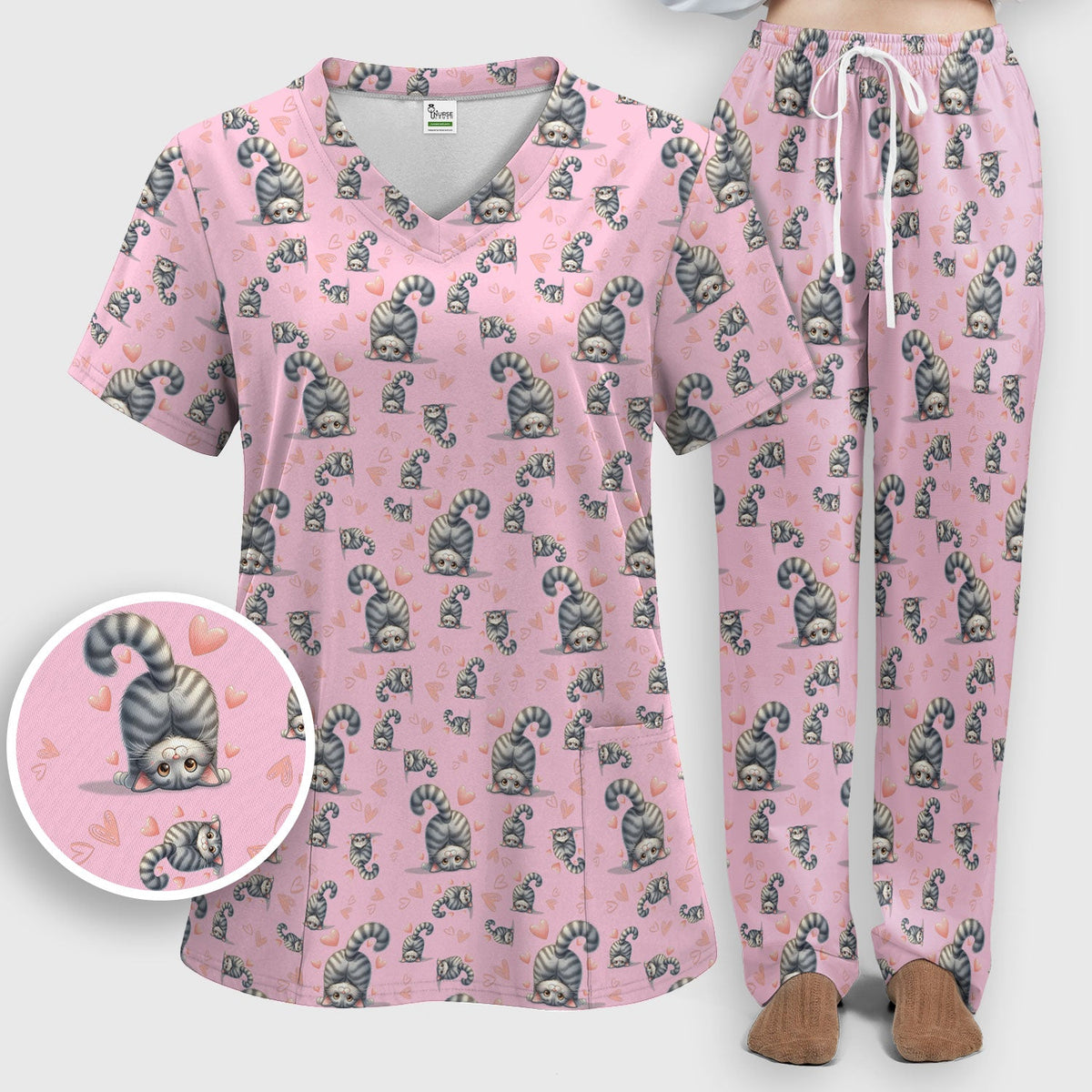 Valentine Cute Cat Heart Nurse Scrub Set