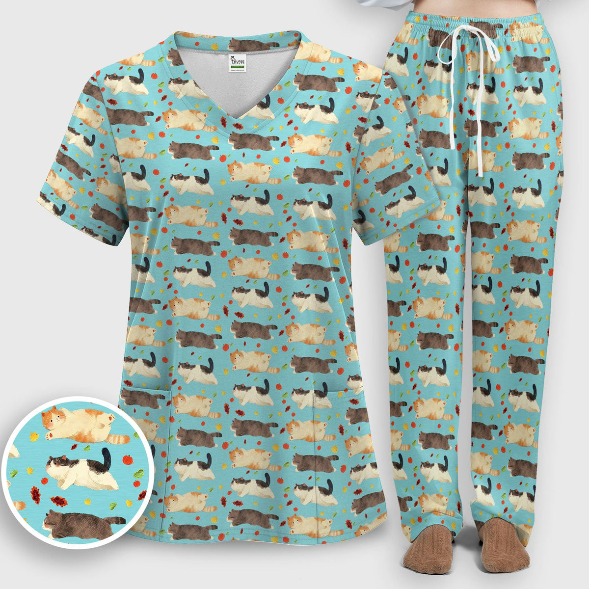 Chubby Cat Autumn Leaves Nurse Scrub Set