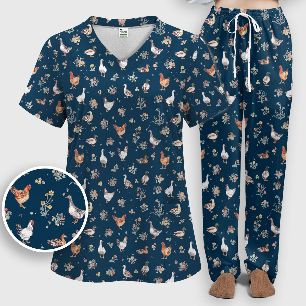 Farm Chicken Duck Floral Nurse Scrub Set