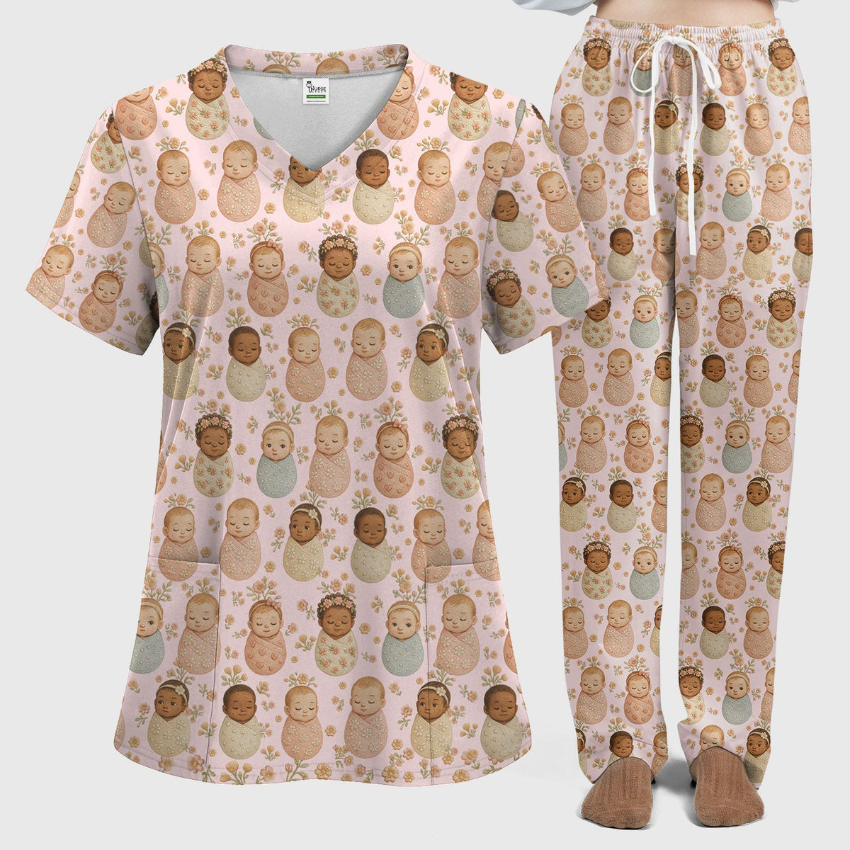 Sweet Newborn Baby Floral Print Women's Scrub Set, Breathable Med Uniform