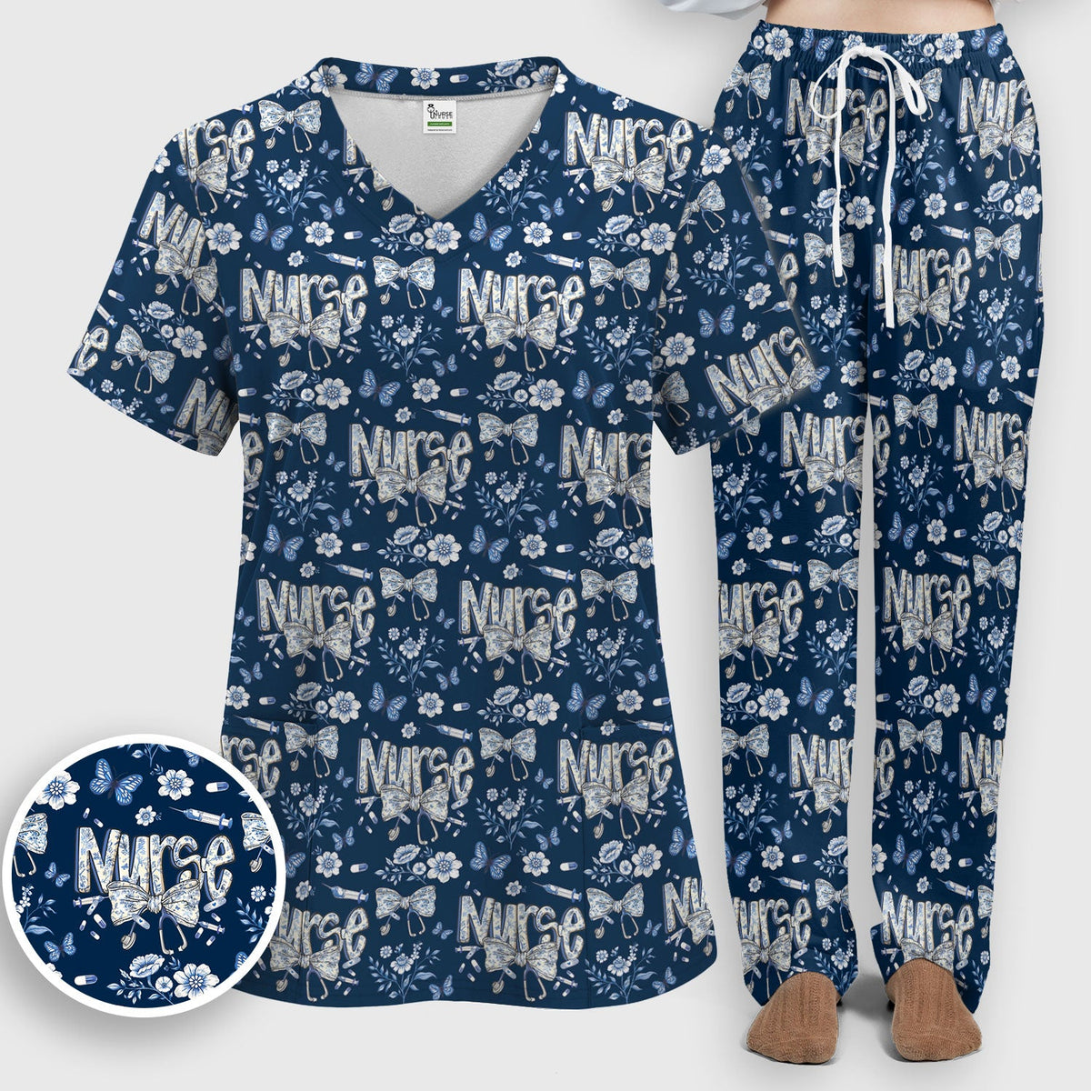 Blue Nurse Bow Butterfly Floral Scrub Set