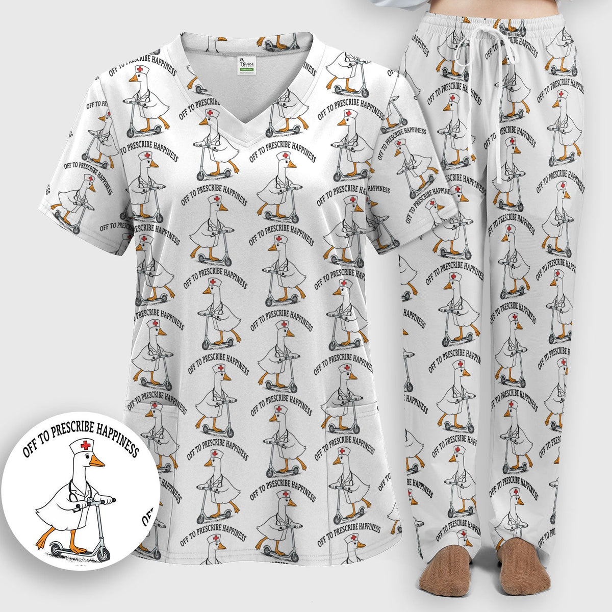 Nurse Goose Scooter Print Scrub Set, Breathable Med Uniform
