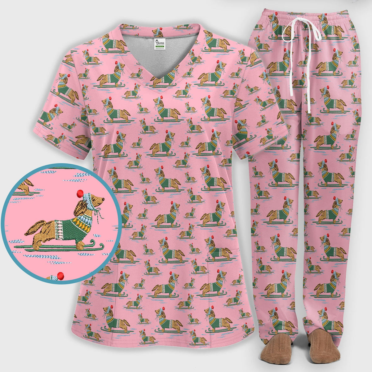 Dachshund Nurse Scrub Set, Wiener Dog Winter Pattern Shirt, Breathable Fabrics Nursing Uniform