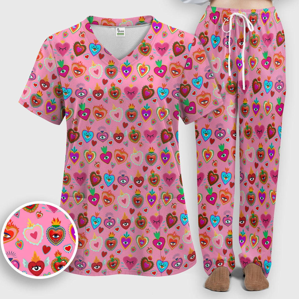 Valentine Colorful Sacred Heart Nurse Scrub Set