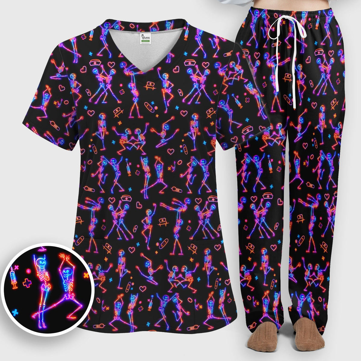 Neon Dancing Skeleton Nurse Scrub Set