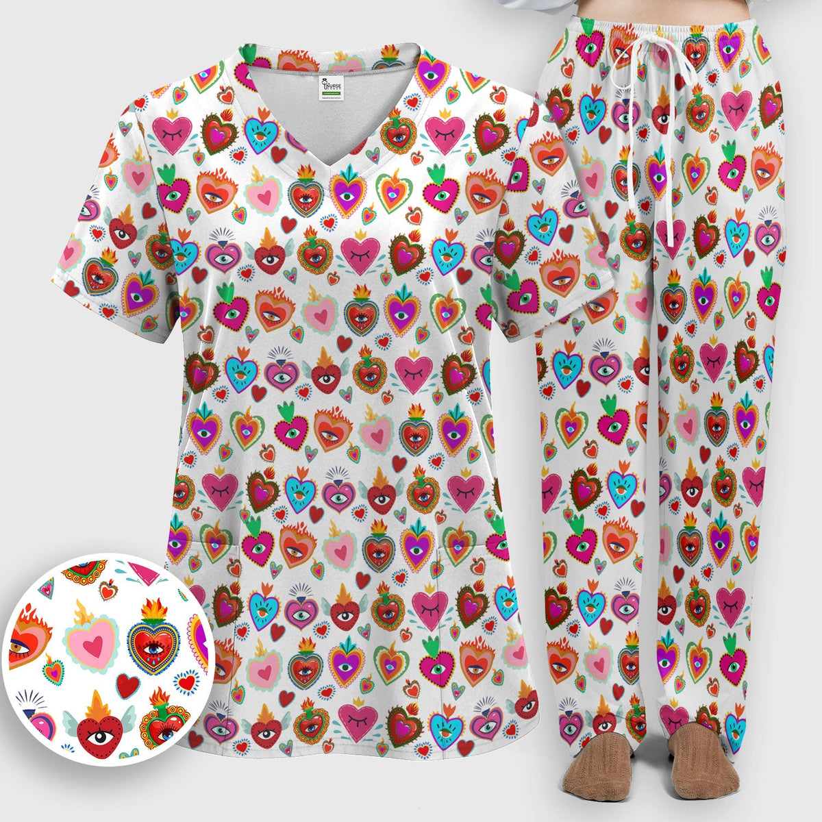 Valentine Colorful Sacred Heart Nurse Scrub Set