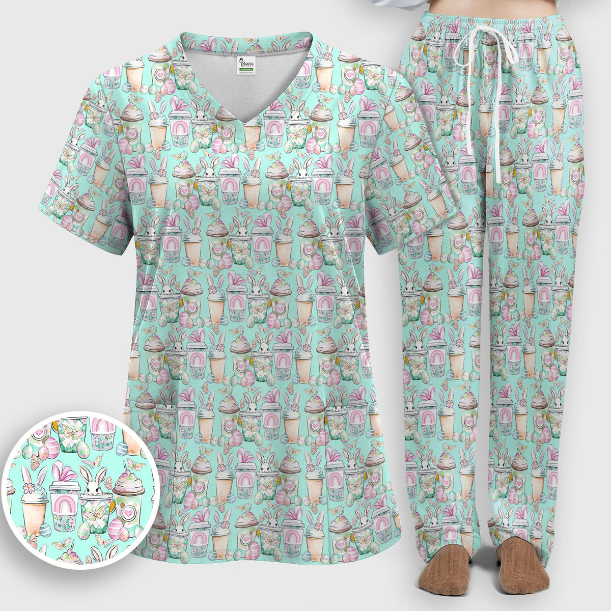 Bunny Coffee Cup Nurse Scrub Set - Easter Gift