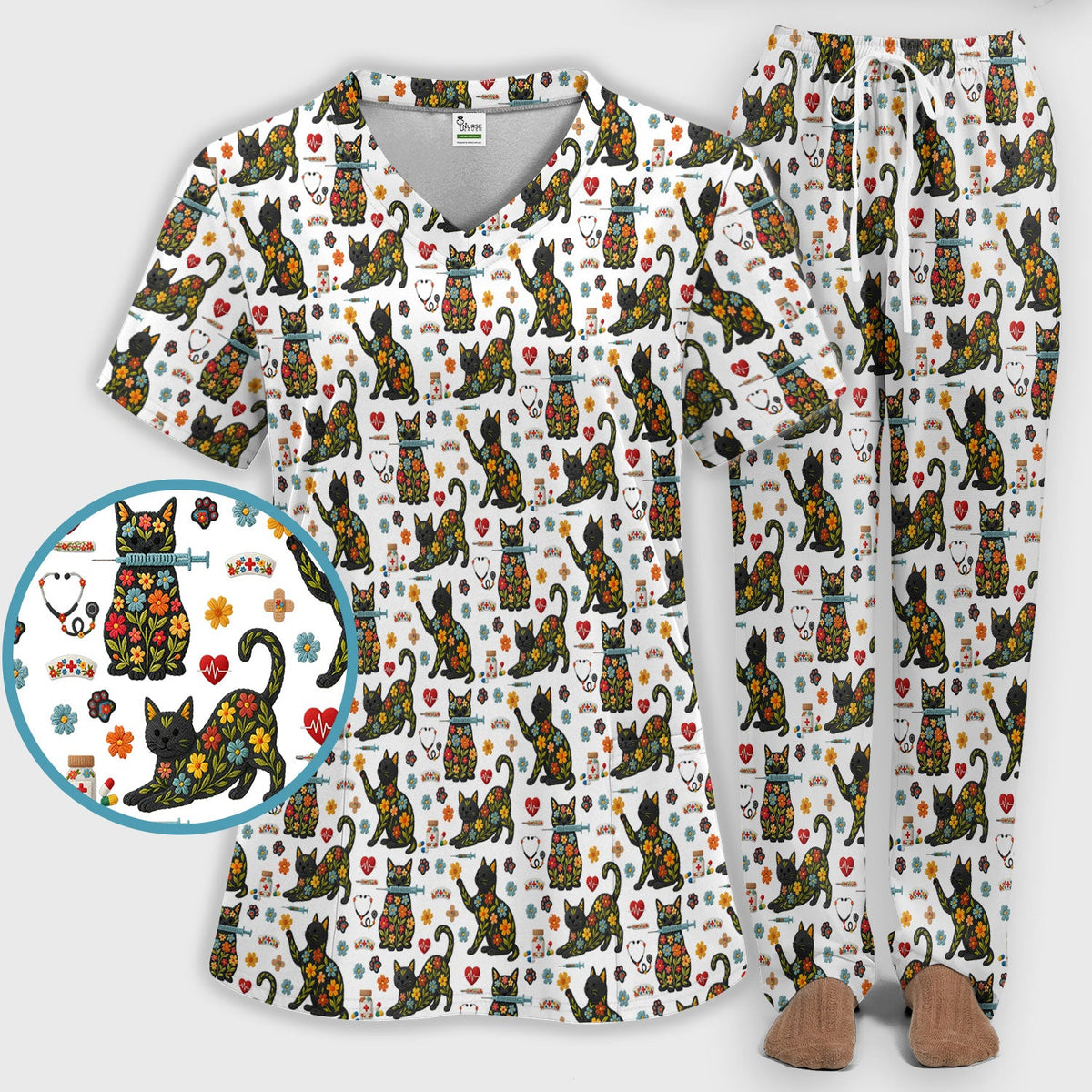Floral Black Cat Nurse Scrub Set